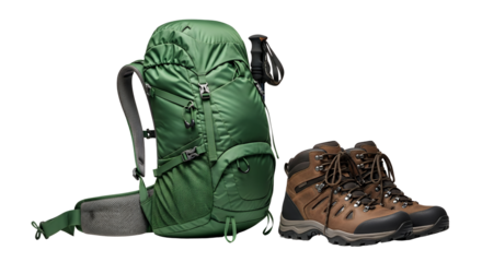 Durable Green Hiking Backpack with Brown Trekking Shoes for Forest Exploration and Mountain Adventure Lifestyle