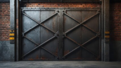 Heavy Metal Industrial Doors on a Brick Wall Building.