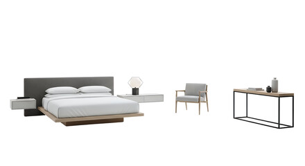 Modern Grey Bedroom Furniture Set with Floating Nightstands and Minimalist Armchair for Contemporary Interior Inspiration