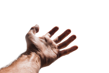 A reaching hand, pale skin,  extends outward against a black backdrop.  The hand's fingers are spread