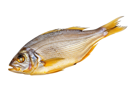 Preserved Silvery Fish with Yellow Fins on White Background