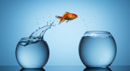 Goldfish jumping between glass bowls