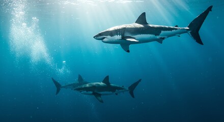 Fototapeta premium Great white sharks swimming in blue ocean water