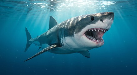 Naklejka premium Great white shark swimming in ocean water