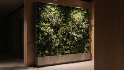 Indoor Vertical Garden with Lush Greenery and Ambient Lighting.