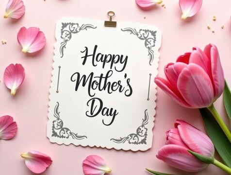 Happy mothers day greeting card surrounded by pink tulips and petals