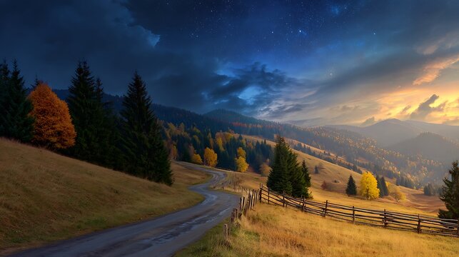 Winding road through autumn hills under a starry sky with a wooden fence