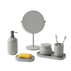 Complete bathroom accessory set featuring soap dispenser mirror dish and holder illustration