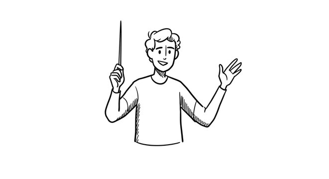 Conductor leading with baton in minimalist black and white sketch style