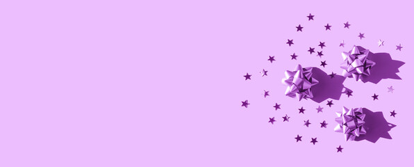 Gift paper ribbon bow with stars, trendy composition, minimal background. Winter, sale and seasonal concept. Merry Christmas, New Year banner. flat lay, top view. Space place for text