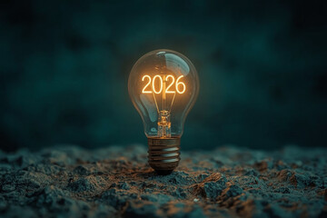 Bright glass light bulb glowing with the concept of idea and innovation, representing energy and creativity 0f 2026
