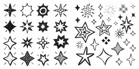 Collection of hand drawn sparkling starbursts and star shapes in black ink on a white background