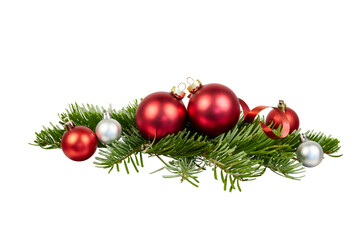 red christmas balls and green fir tree branches decoration or ornament or wreath isolated on white or transparent png