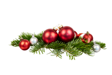 red christmas balls and green fir tree branches decoration or ornament or wreath isolated on white or transparent png