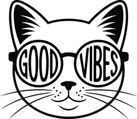 Cartoon cat with good vibes message wearing round framed glasses illustration