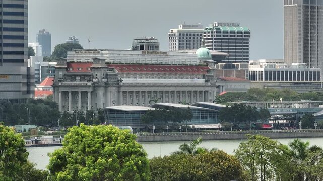 day time singapore city center famous marina bay hotel exterior aerial panorama 4k  