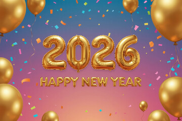 Happy new year 2026 celebration card design with winter snow and fun color illustration decoration banner greeting party balloons