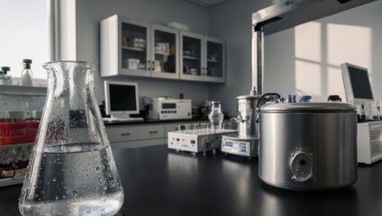 Laboratory equipment in a science lab with beakers and instruments.