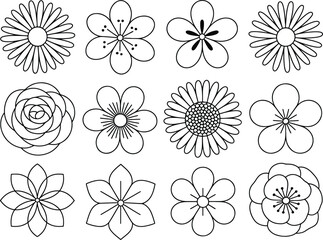 Collection of vector flower icons in line art style arrangement