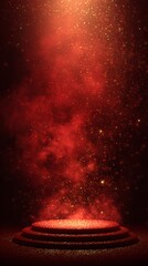 Red and gold glittery dust particles falling onto illuminated three tiered podium stage