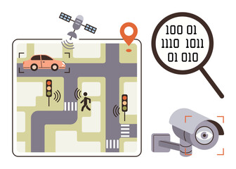 Traffic intersection with GPS satellite tracking, surveillance camera, binary code magnifying glass, pedestrian, car, and traffic lights. Ideal for urban planning, safety, technology AI