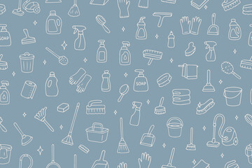 Fototapeta premium Seamless vector banner with outline cleaning icons on a blue background. Hand-drawn household elements. Vector 