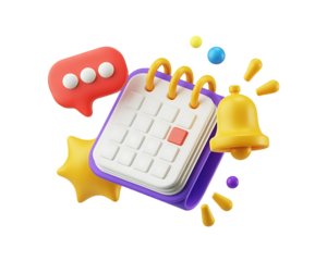 Vector 3d calendar icon. Notification bell and speech bubble, event reminder design. Cartoon render abstract agenda mockup isolated on white background, deadline day concept