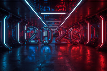 Abstract neon lights illuminate the night city wall, creating a colorful club atmosphere with 2026