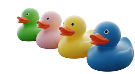 Four colorful rubber ducks lined up together fun bath toy collection illustration