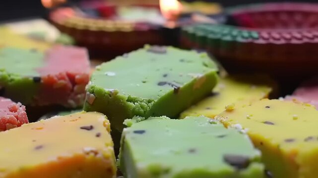 Colorful Indian sweets  lit Diwali lamps.