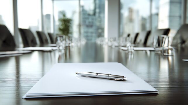 Silver pen resting on white paper in a modern corporate boardroom setting - Powered by Adobe