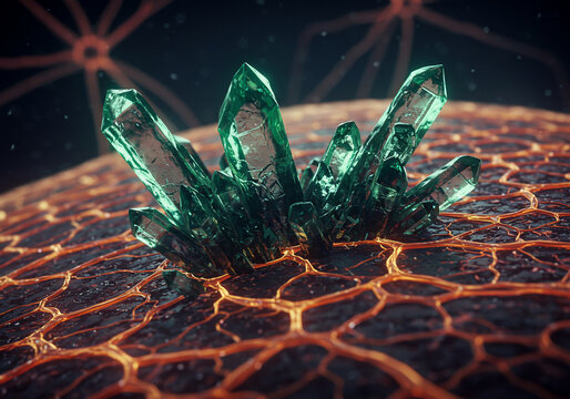 Cluster of green crystals growing on a textured, orange and black surface resembling lava or cracked earth, with blurred organic shapes in the background. - Powered by Adobe