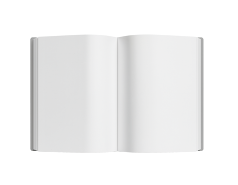 Top View of Open Blank White Book or Notebook Mockup with Empty Pages Isolated on Solid Gray Background