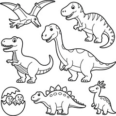 Cute cartoon dinosaurs coloring page black and white outline illustration