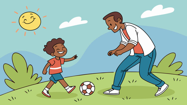Father and son playing soccer together outdoors on a sunny day, smiling and enjoying quality time in nature