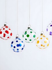 Hanging glass ornaments shaped like Christmas baubles on a decorated white background