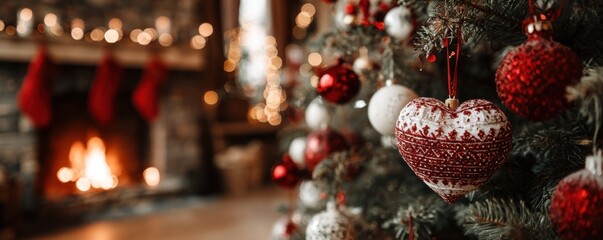 Cozy Christmas Scene with Decorated Tree and Fireplace Ambiance.