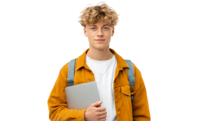 Confident young student holding laptop and wearing backpack