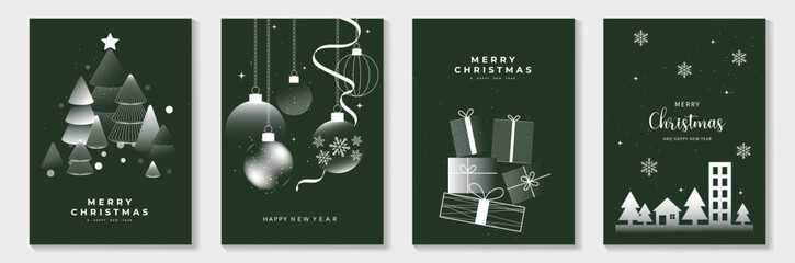 Happy New Year and Merry Christmas poster vector set. Green and silver ornaments with bells, gifts and pine elements. Suitable for greeting cards, posters and digital media.