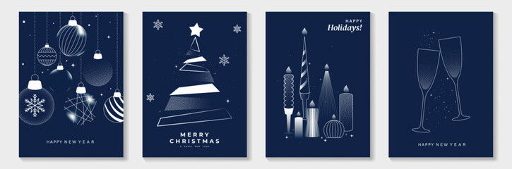 Happy New Year and Merry Christmas poster vector set. Navy champagne bottles, glasses and party confetti for celebration themes. Suitable for greeting cards, posters and digital media.