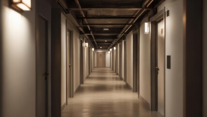 Long, empty hotel corridor with many doors and warm lighting.