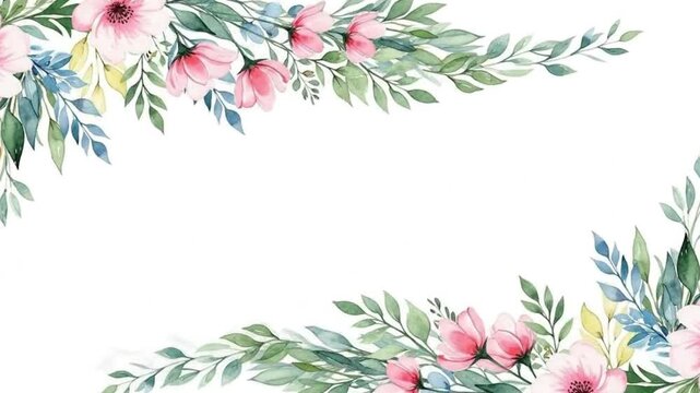 Gentle Watercolor Floral Border with Pink Blossoms and Greenery.