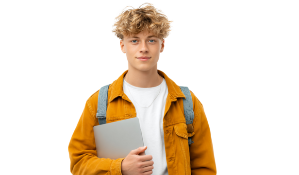 Confident young student holding laptop and wearing backpack
