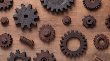 Rustic Wooden Gears concept. Gears arranged on a wooden surface creating a mechanical pattern.