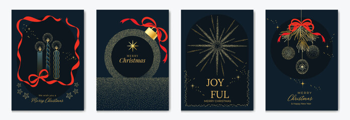 Plakat Happy New Year and Merry Christmas poster vector set. Navy blue and gold badges, labels, bells and snowflake ornaments. Suitable for greeting cards, posters and digital media.