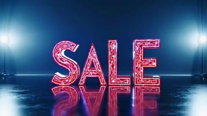 Colorful sale signs light up the dark room, creating an inviting atmosphere. Shimmering lights enhance the message of discounts and limited-time offers for shoppers