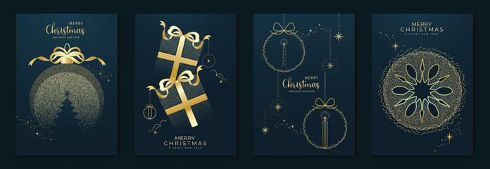 Plakat Happy New Year and Merry Christmas poster vector set. Navy blue and gold luxury ornaments with bells, ribbons, snowflakes and wreath elements. Suitable for greeting cards, posters and digital media.