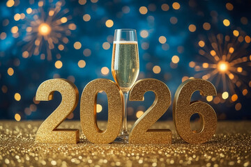 Happy New Year 2026 holiday celebration card illustration with gold winter decoration and stars