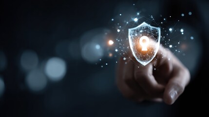 Cybersecurity Shield Protection Concept with Hand Touching Digital Icon.