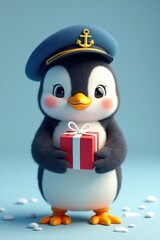 Obraz premium Cute cartoon penguin wearing a captain s hat holding a gift